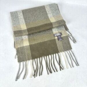 Charter Club 100% Cashmere Scarf Tans Whites Taupes Plaid Fringe 60x10"